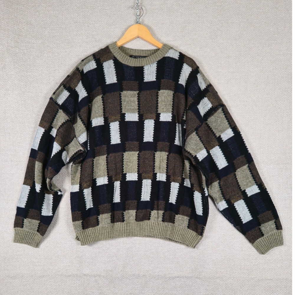 Protege Collection Vintage 90s Geometric Block Knit Sweater‎ Mens XL Made in USA
